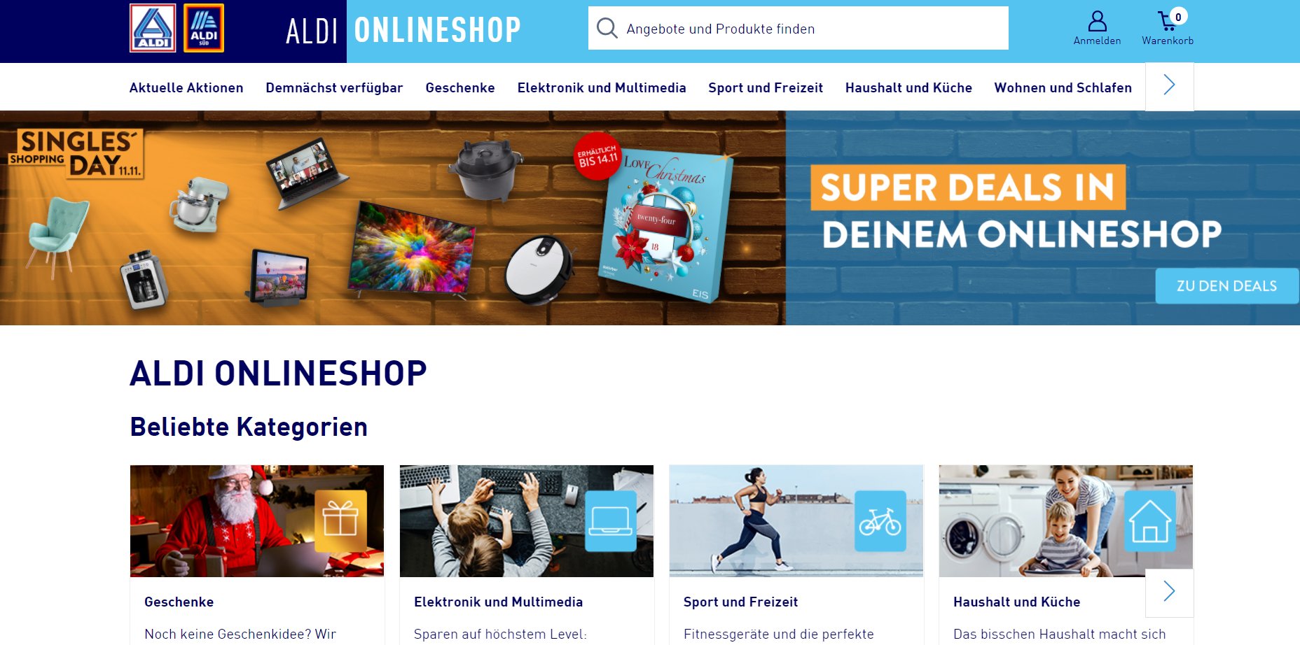 Man sieht einen Screenshot des Aldi Online-Shops
